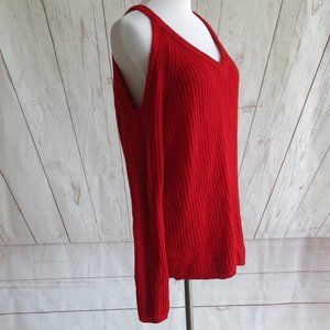 Another Story Red Long Sleeve Cold Shoulder V Neck Knit Sweater - Size Medium